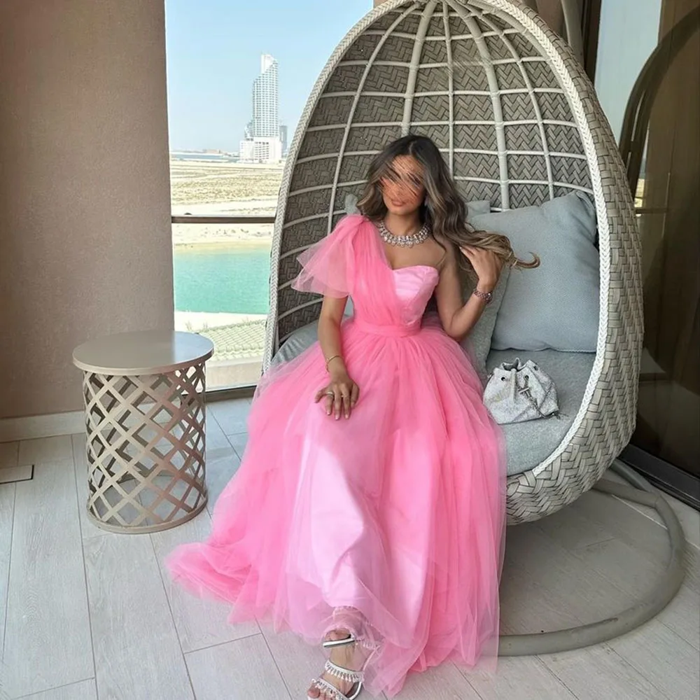 Msikoods abiti da ballo formali a-line Pink One Shoulder abito da sera pieghettato abiti da festa di laurea in arabo saudita