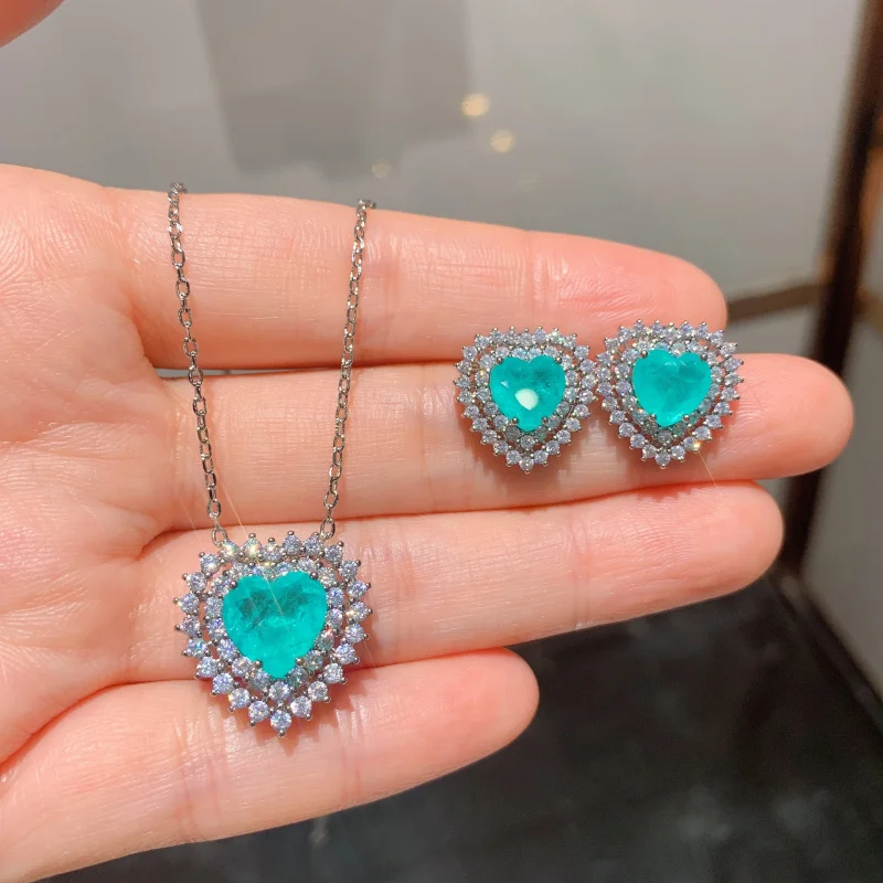 Jewelry European and American Colored Gems Palaiba Neon Green Stud Earrings Main Stone 8*8 Pendant 10*10