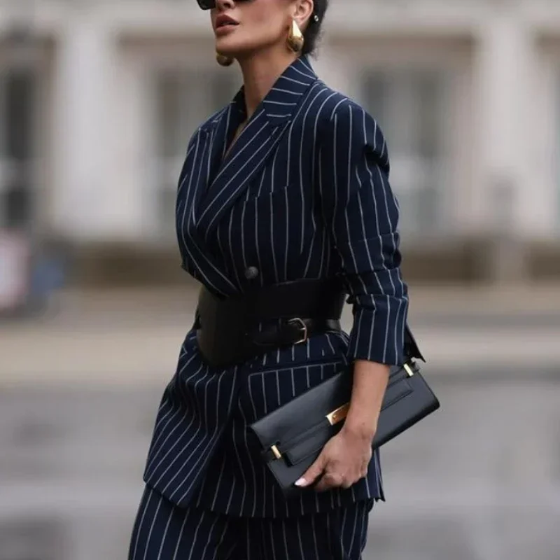 Women's Spring Fall Business Office Suit Pants 2025 New Striped Female Long Loose Wide Leg Printed Deep Blue Trousers for Ladies