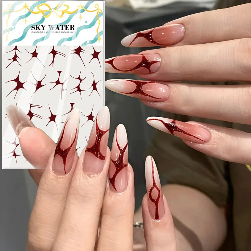 

Абстрактная красная огненная подводка для дизайна ногтей, элегантная французская кривая асимметричная линия, фрагменты, современная художественная клейкая наклейка для маникюра