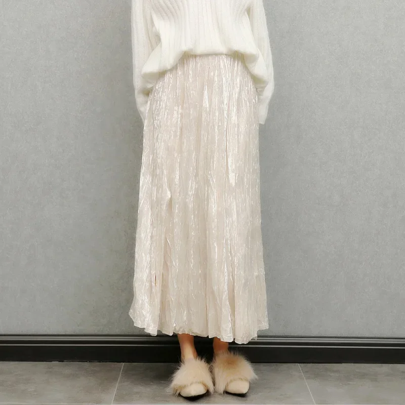 

New Fashion Folded Velvet Skirt Women Autumn Elegant Casual Loose A-line Elastic Waist Solid Color Versatile Midi Skirts Jupe