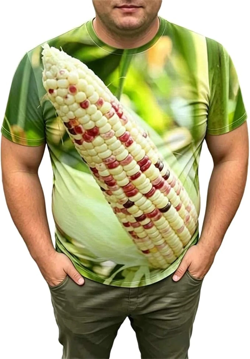 Funny Optical Illusion Fruit T Shirt For Men 3D Corn Watermelon Vivid Print Short Sleeve O‑Neck Tops Party Costume Casual Tees