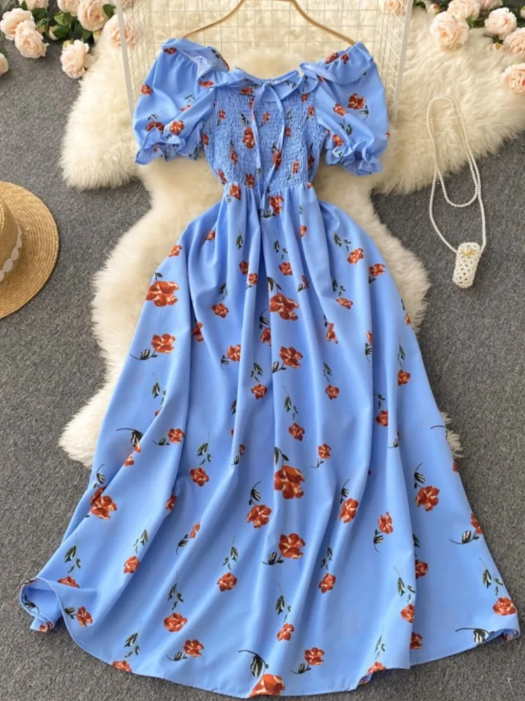 

2025 Summer French Vintage Floral Dress Fashion Elegant High-Waisted Drawstring Vestidos Printed Fresh And Sweet Long Dresses