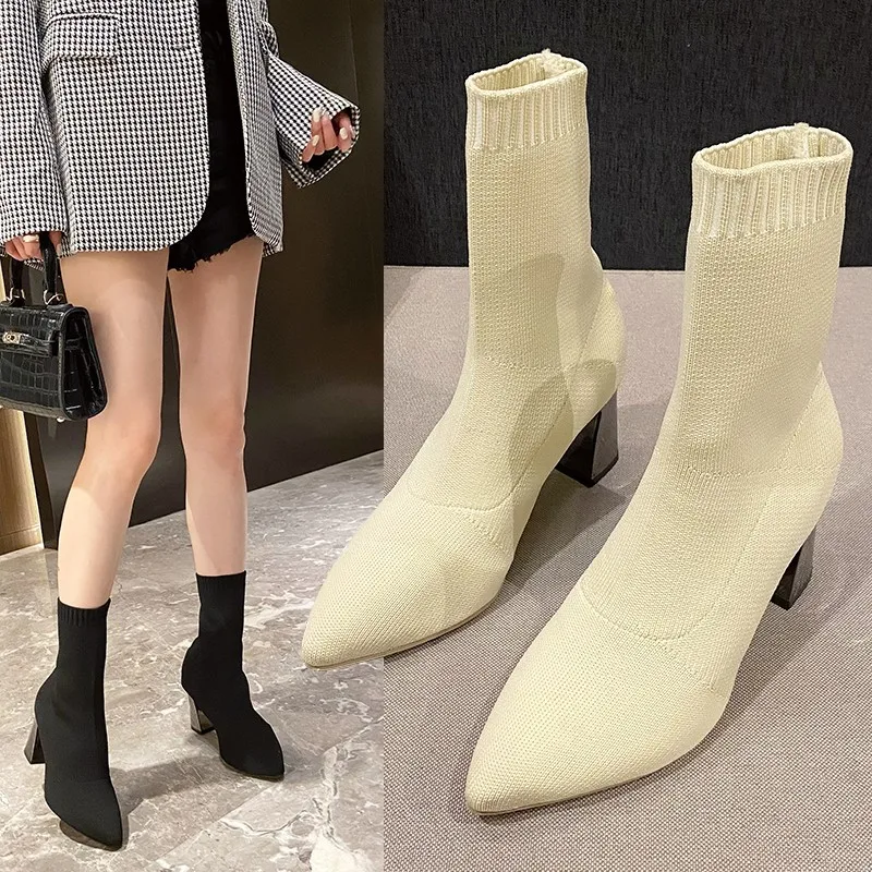 Square Heels Socks Boots Women Big Size 40 Stretch Fabric Elastic Pointed Toe Shoes Ankle Boot Woman