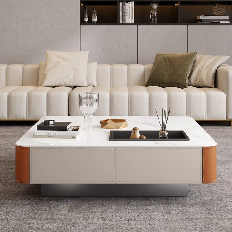 

Italian light luxury saddle leather coffee table modern living room high-end rock slab solid wood square coffee table