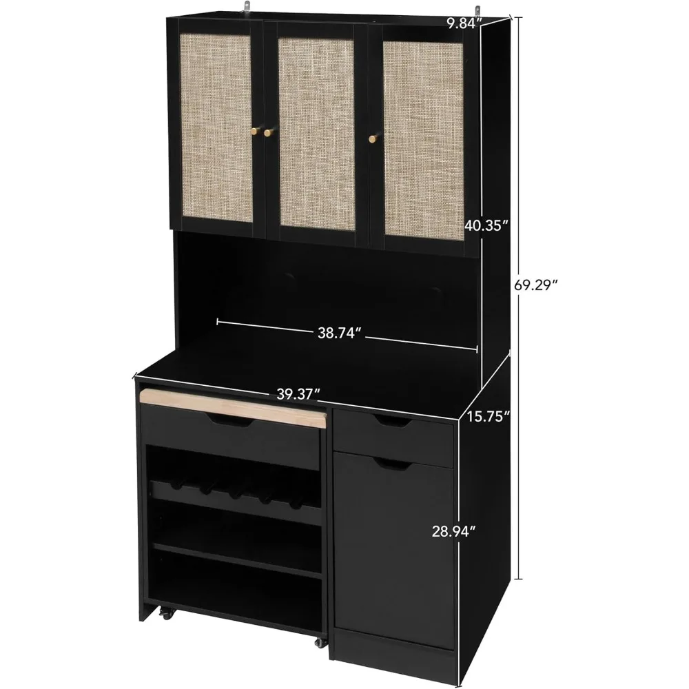 Modern Kitchen Pantry Cabinet with Sliding Cart and Adjustable Shelves