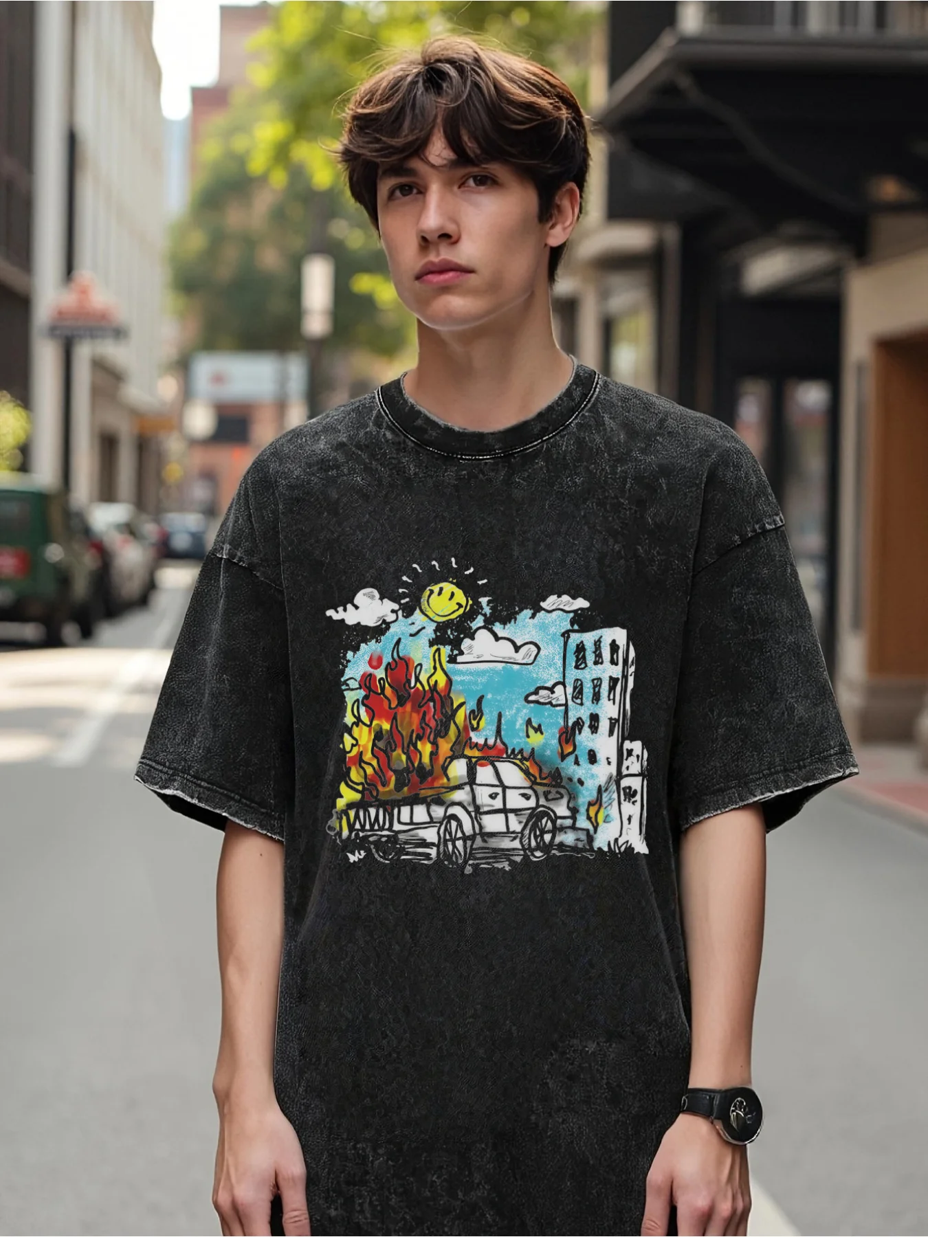 Men's Vintage Graphic T-Shirt - Black T-Shirt with a Doomsday Cityscape Featuring Burning Cars, Flames, Buildings, Sun, and Clouds - Loose Fit Shirt Suitable for Casual Street Style and Everyday Wear - Machine Washable Vintage City Destruction Design