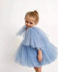 Infant Toddler Baby Girls Wedding Dress Princess Gown Vintage Boho Chic Dresses Smoky Blue Big Ruffles Sleeve Ins Kids Clothes