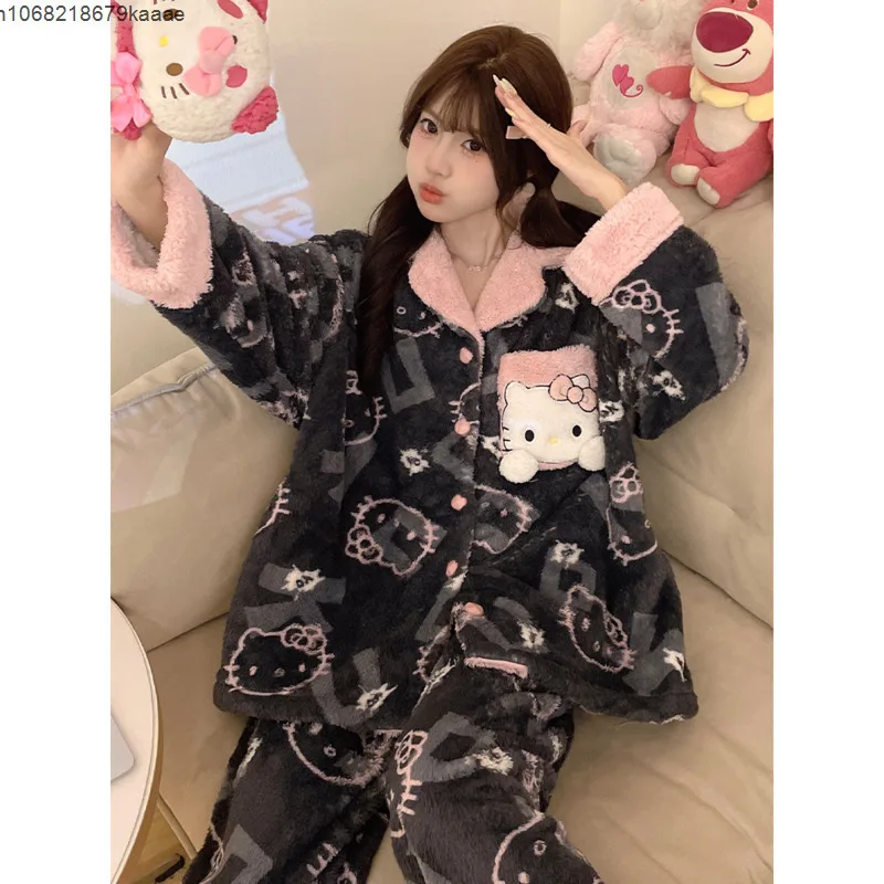 Sanrio Cute Hello Kitty Coral Velvet Cartoon Pajamas Women's Autumn Winter New Trendy Warm Sleepwear Sweet Y2k Girl Home Clothes