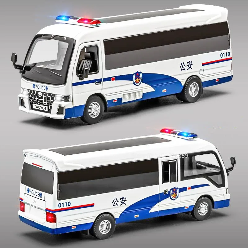 

1:32 Coaster Police Car Model Toys Alloy Diecast Miniature Bus Sound Light Doors Opened Pull Back Ornament Models for Kids Gifts