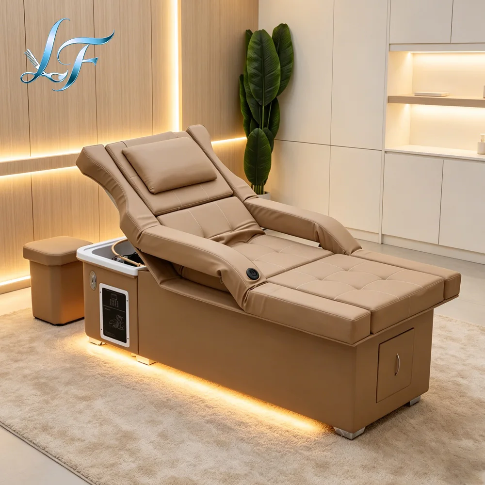 Luxurious Khaki Spa Electric Lifting Hair Treatment Bed Two In One Foot Bath Water Circulation Fumigation