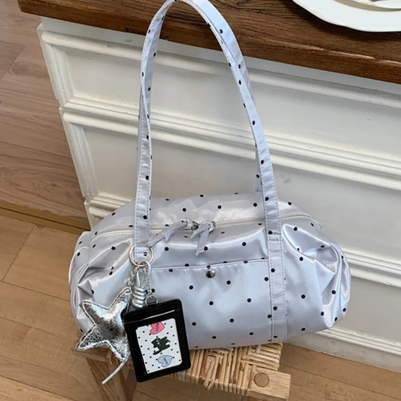 

Silver Polka Dot Nylon Shoulder Bag,with Star Charm,korean Exquisite Satin Handbag,minimalist Casual Pillow-shaped Commuter Bag
