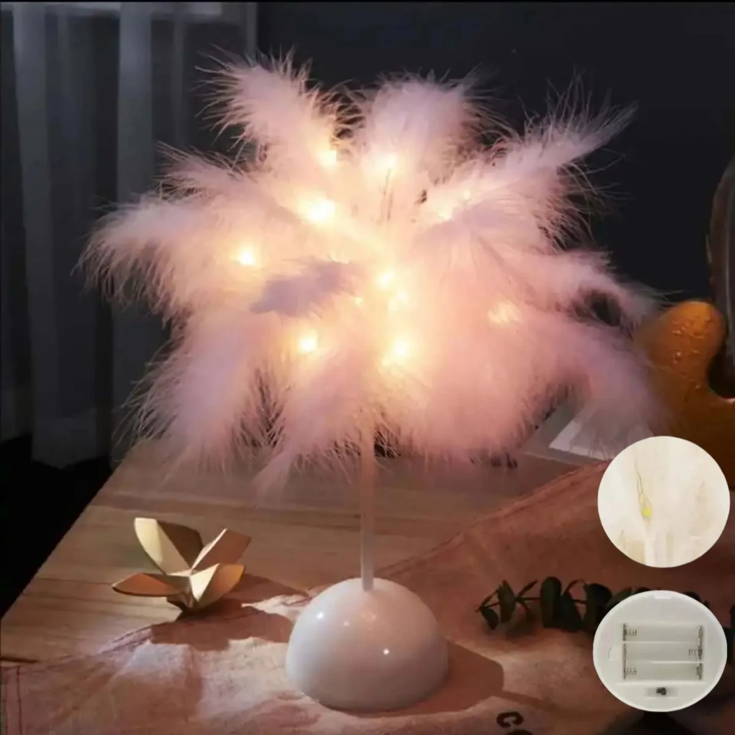 Lámpara LED de mesa con diseño de plumas, alimentada por batería, portátil e Ideal para decoración de dormitorio, todas las ocasiones, 1 unidad, nueva