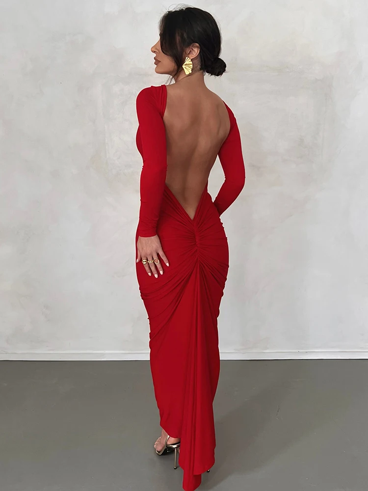 Hugcitar Damenmode, lange Ärmel, rückenfrei, drapiert, sexy, schlankes Maxikleid, 2025, Frühling, elegante Streetwear, Party, Club, Y2K-Outfit