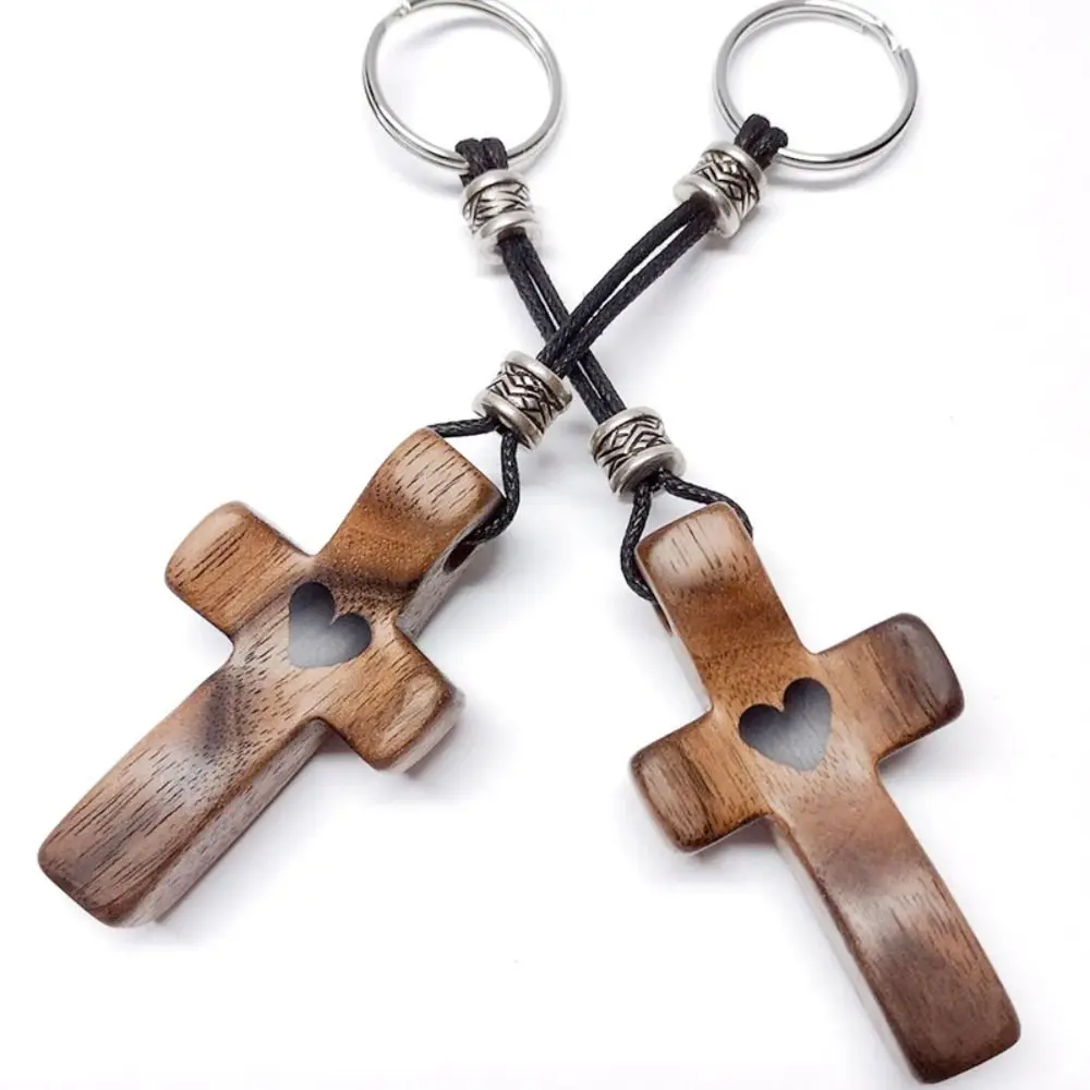 Walnut Handmade Crucifix Keychain with Silver Ring Guardian Crosses Kering Loveheart Wooden Crucifix Pendant Chain Pray