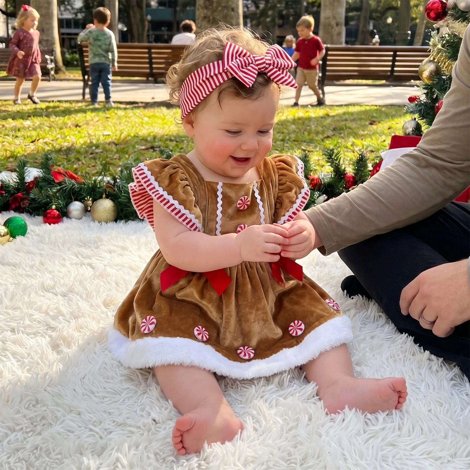 Baby Girl Christmas Outfit, Gingerbread Man Fly Sleeve Furry Romper Overalls with Hairband for Casual Daily