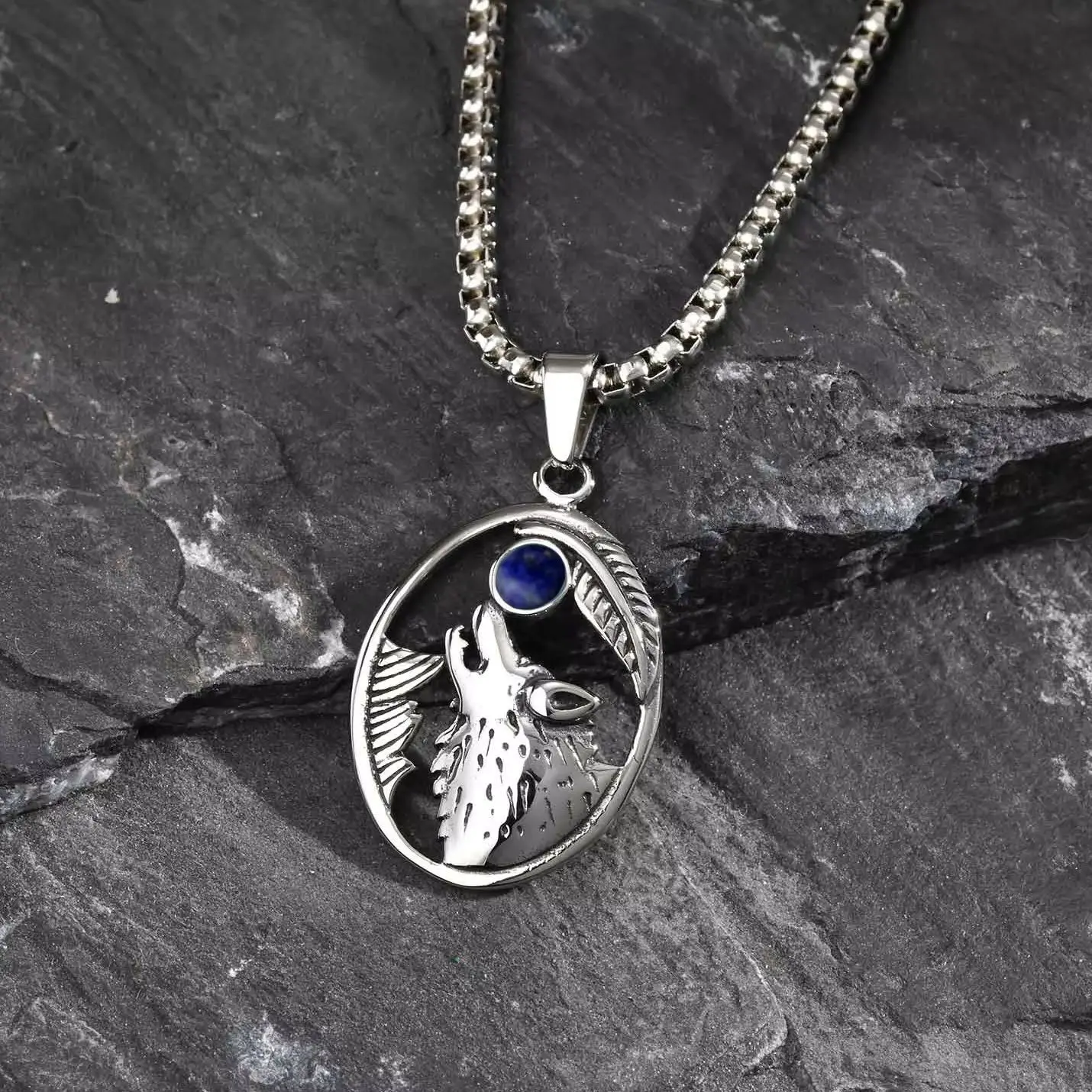 

Punk Wolf Head Oval Necklace for Men,Vintage Stainless Steel Pendant with Lapis Lazuli Natural Stone,Anniversary Father Gift