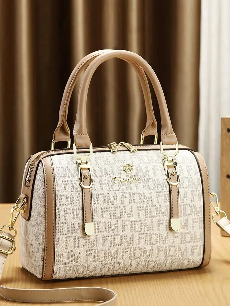 

Women's Top-Handle Handbag with Monogram Print, Faux Leather, Zip Closure, Adjustable Strap