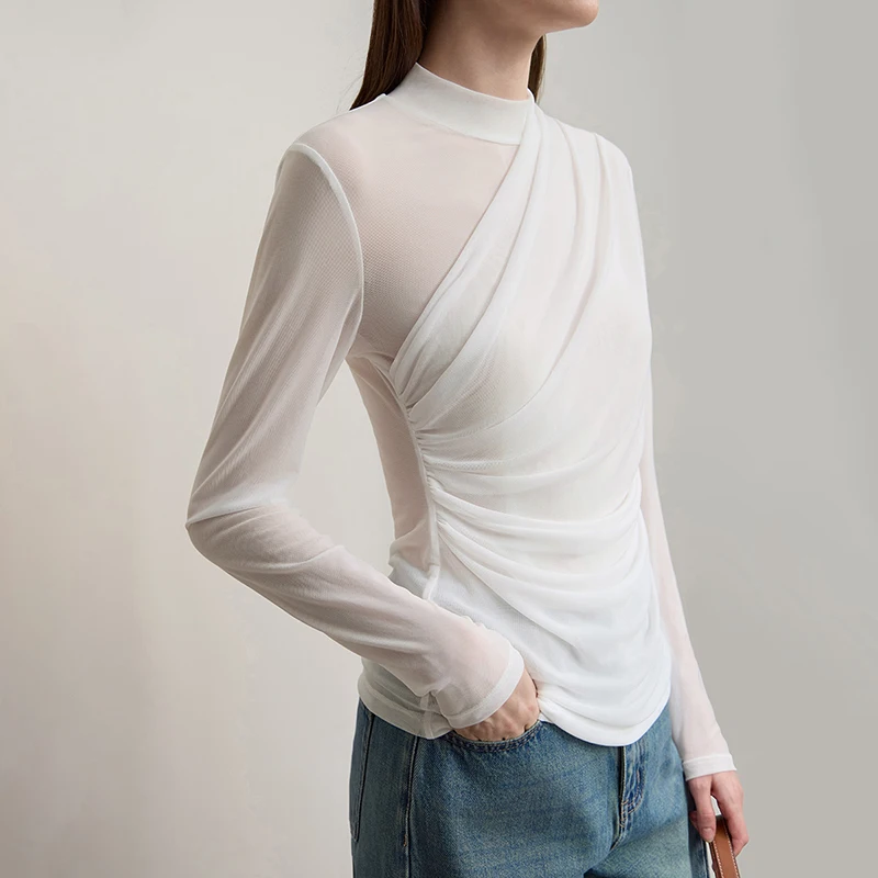 AMII تي شيرت حريمي 2025 خريف جديد س الرقبة سليم تنوعا سيدة محبوك القمم كم طويل مثير انظر من خلال شبكة تي شيرت 12543162