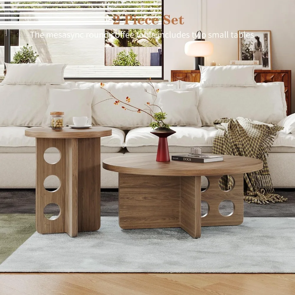 Modern 31.5 Round Nesting Coffee Table Set, 2-Piece Wooden Side Tables for Small Spaces, Brown Grain Top with Adjustable Non-Sli
