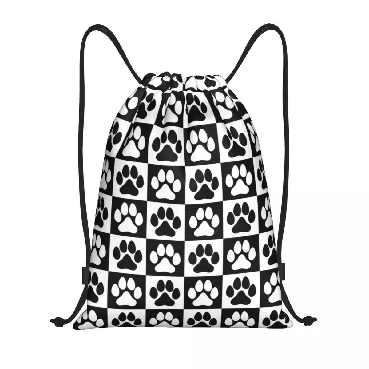 Custom Cats Footprint Checkerboard Chess Drawstring Backpack Women Men Gym Sport Sackpack Portable Checkered Training Bag Sack