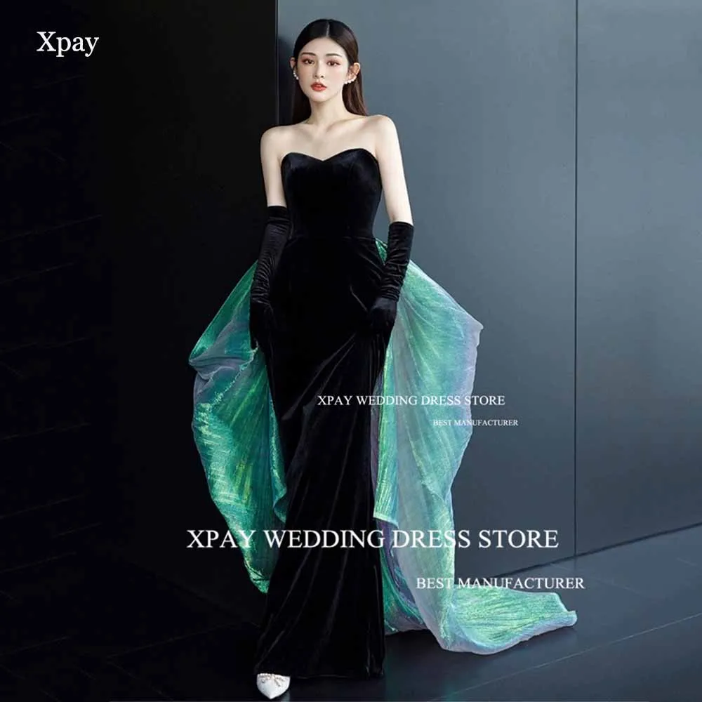 

XPAY Sweetheart Velvet Mermaid Korea Wedding Party Dress With Gloves Black Strapless Evening Gown Backless Formal Party Dress