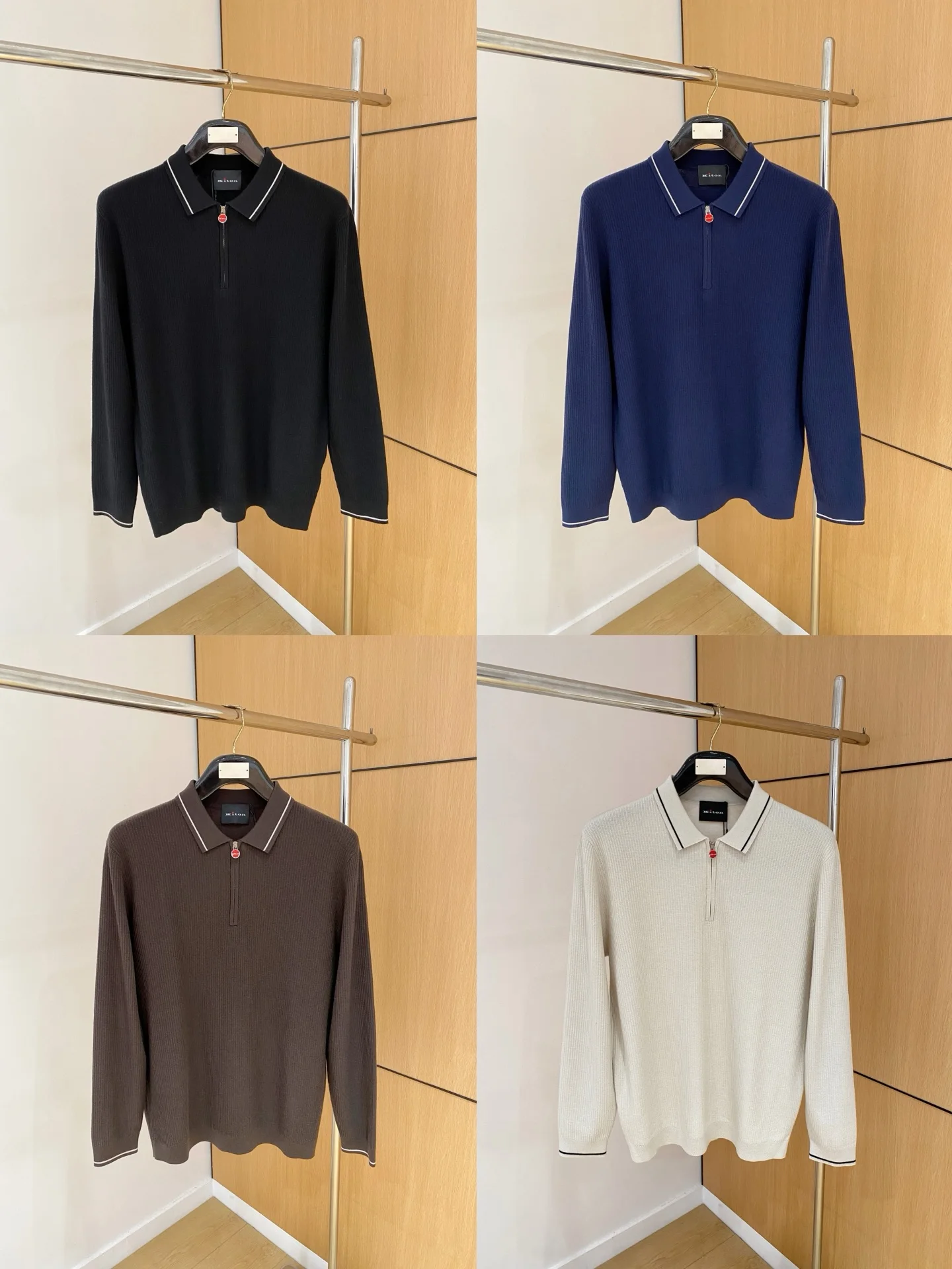 

Italian Kiton Business Casual Versatile Lapel Half Zipper Long Sleeve Knitted POLO Shirt