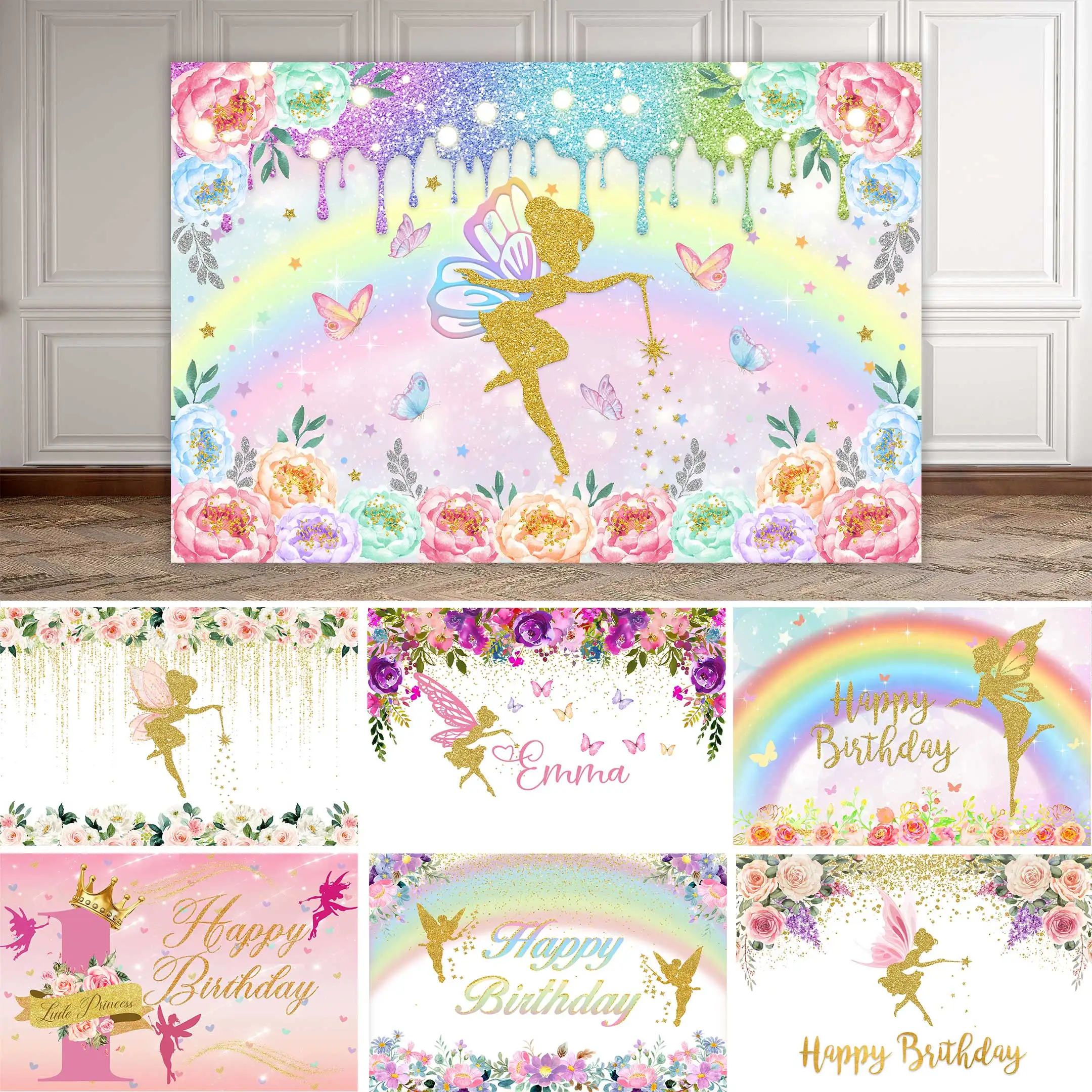 NeoBack Butterfly Fairy Backdrop Colorful Flowers Golden Glitter Photophone Girls Birthday Party Photo Photography Background