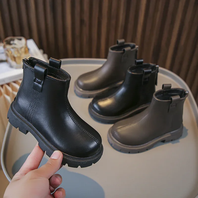 Girls Leather Boots Round-toe Children Chelsea Boots Non-slip 2024 New Fashion Kids Black Brown Short Boots for Boys Britain PU