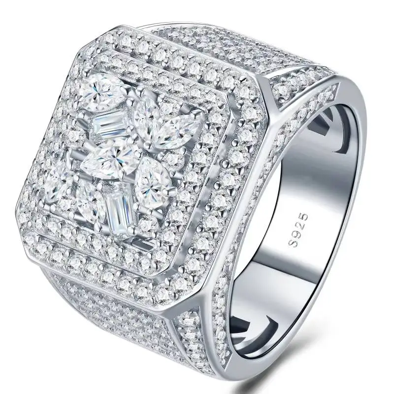 Factory Wholesale Iced Out VVS Moissanite Hip Hop Ring 925 Silver Platinum Plated Pass Diamond Tester Luxury Hip Hop Men Ring