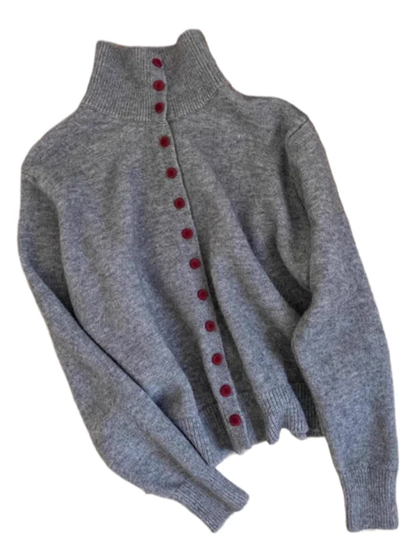 

Knitted Outerwear Korean Sle Leisure Lazy Sle Red Button High Collar Sweater Cardigan Women's Autumn Winter Loose Casual