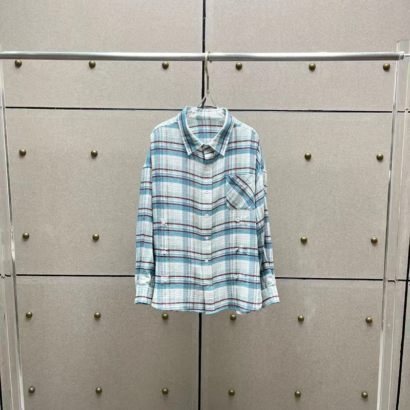 Damen-Hemd mit Karomuster, Oberteil aus weichem Baumwollgarn, modische, lässige, lockere Jacke, hochwertige Baumwollbluse, Frühling, neu, 2025