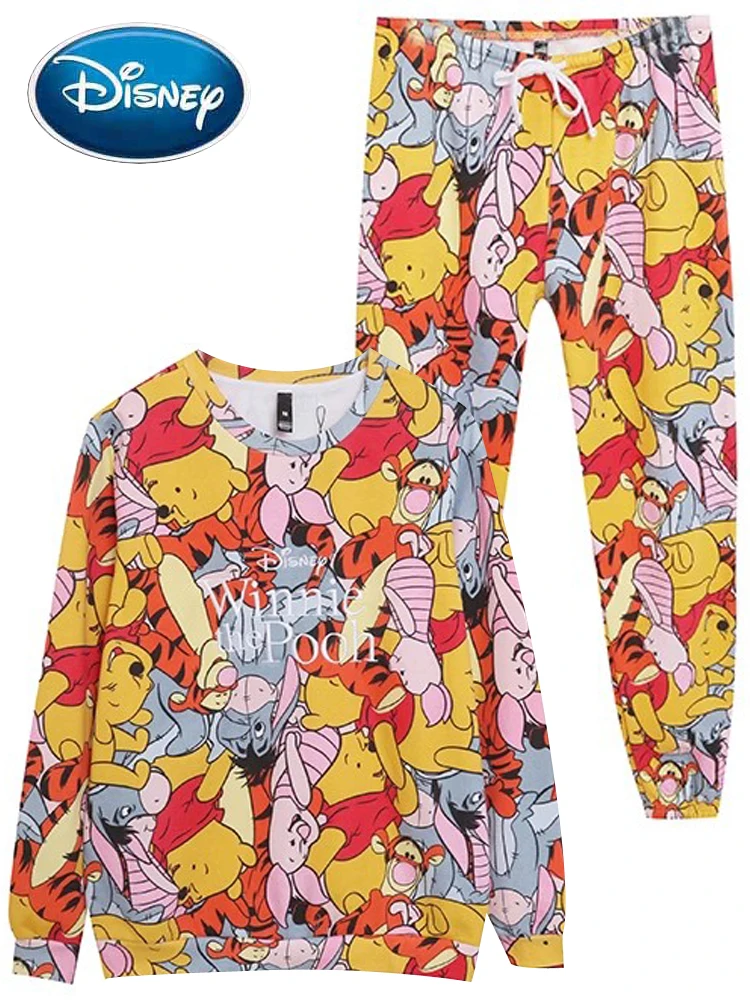 Disney Sweatshirt Winnie the Pooh Bear Eeyore Cartoon Print Embroidery Women Long Sleeve Fleece Tee Tops + Pants Trousers 1 Sets