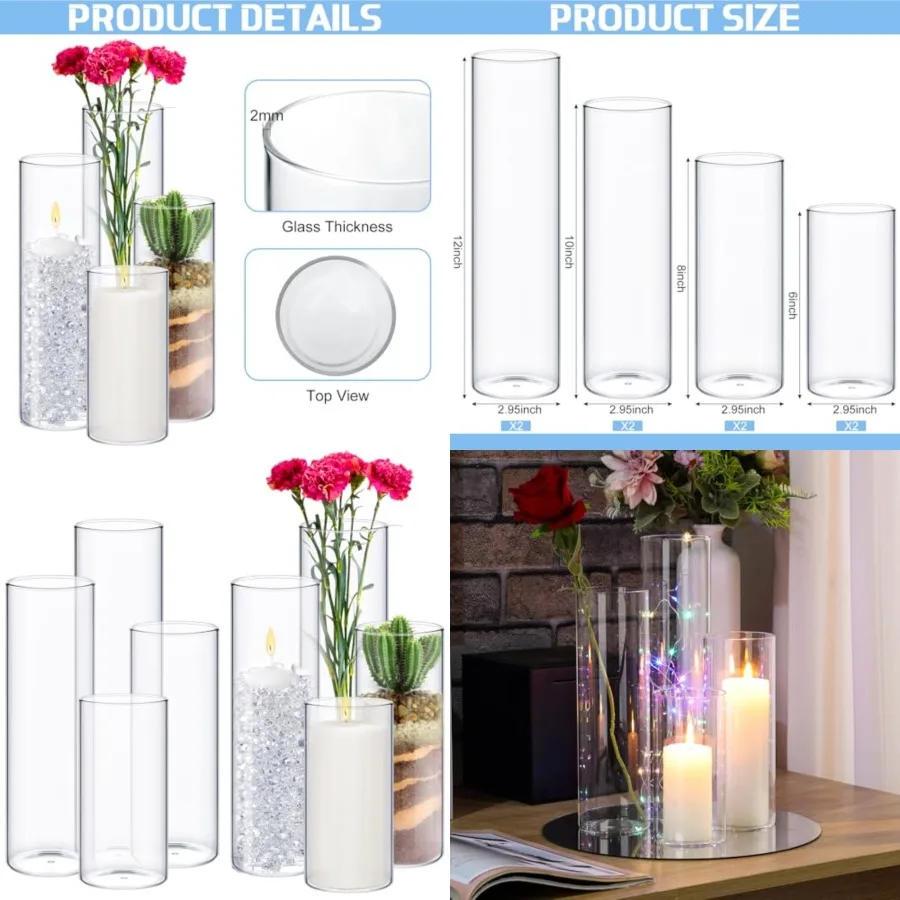 

Pcs Glass Cylinder Vases ''/''/'' Diameter Clear Flowers Vase Hurricane Floating Candles Holders for Table Centerpieces in, in,