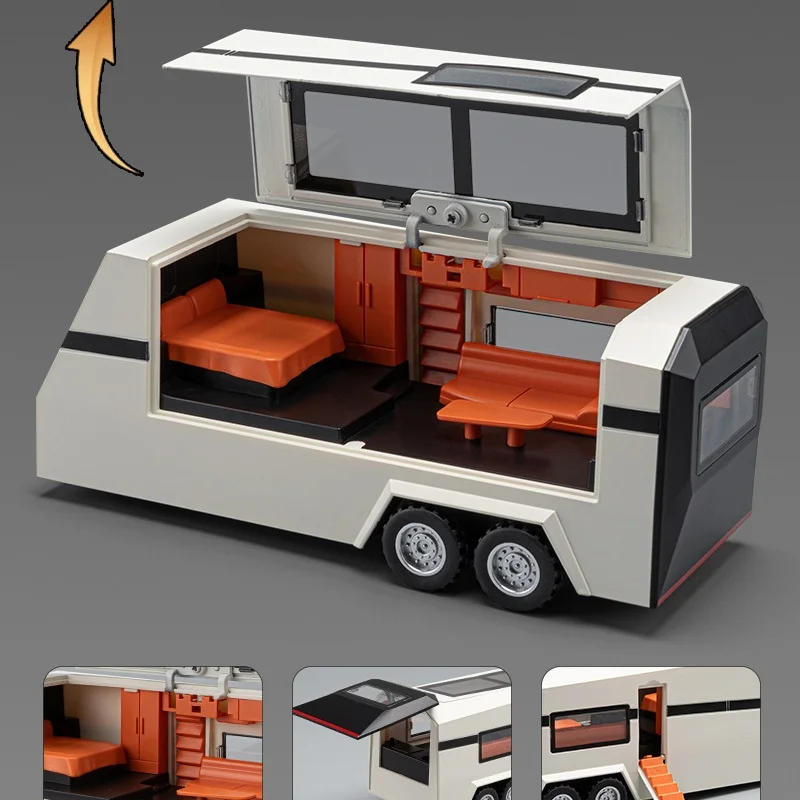 1:24 modèle 3 voyage RV remorque alliage modèle voiture jouet moulé sous pression métal coulée son et lumière voiture jouets pour enfants véhicule