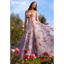 Jessica Sweet Pink Flowers Prom Dresses Sexy Strapless Tulle Evening Dresses A-shaped Wedding Party Dresses 2024Wedding Dress