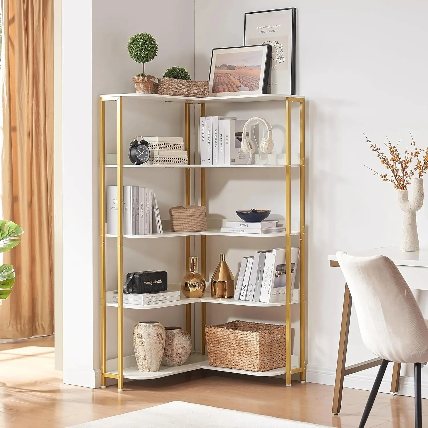 

2024 New Product Promotion Modern Gold White L-Shaped Bookshelf Corner Bookshelf & Rack for Bedroom Living Room Kitchen Use