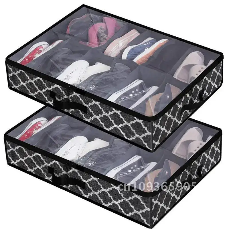 

Underbed Shoes Storage Box Transparent Foldable Packaging Non-woven Organizers Box 12-grid