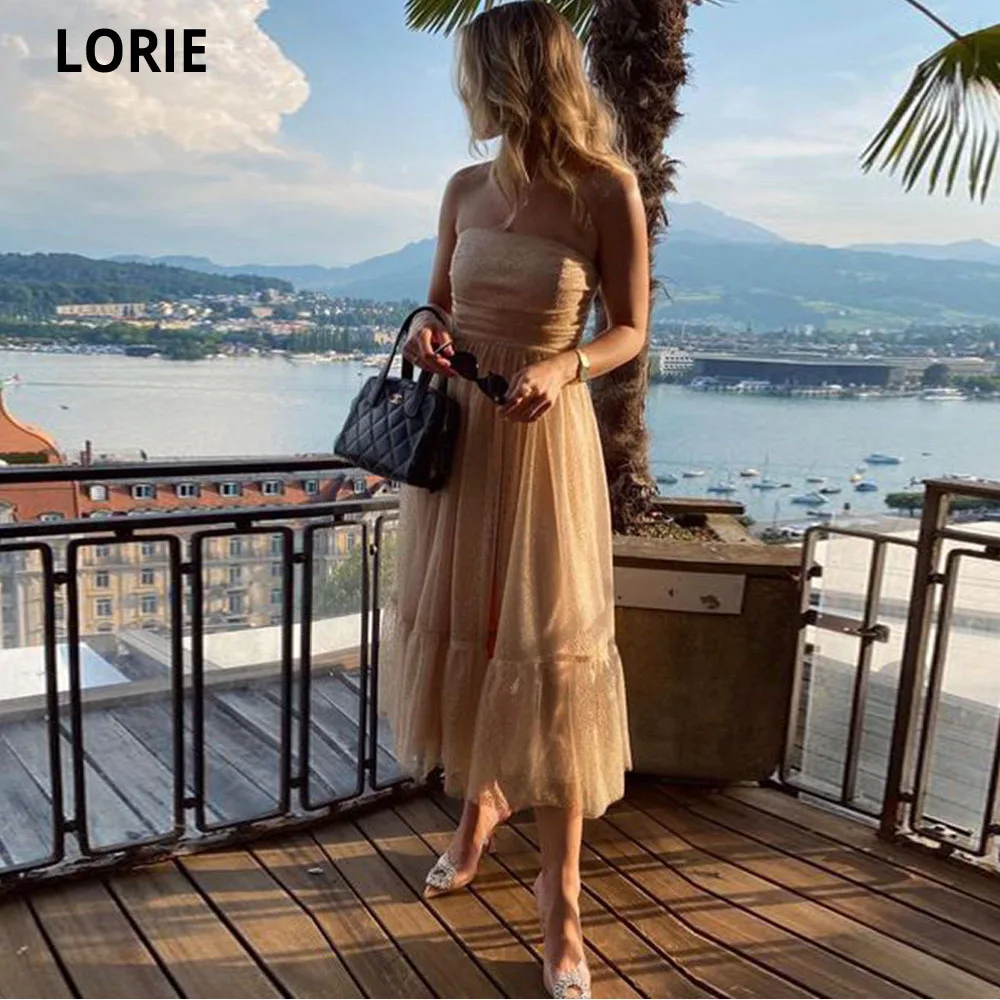 

LORIE Champagne Ruched Prom Dresses Women 2022 Tea Length Glitter Tulle Saudi Arabia Robes De Soirée Formal Evening Dresses