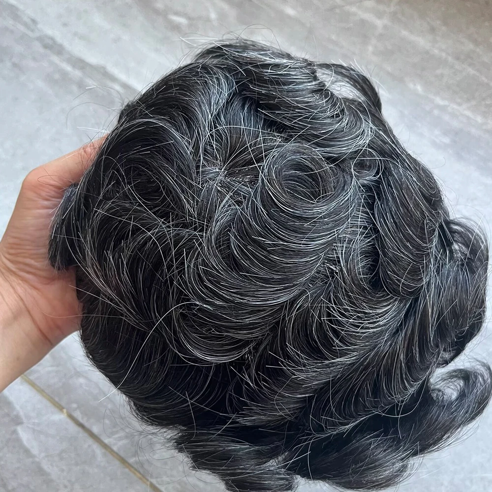6 Zoll Old Man 1b80 1b65 Graue Echthaarperücken mit natürlichem Haaransatz, langlebigem Poly-PU-Haut-Toupet für Männer, Haarprothese, Haarteil – Detail 9