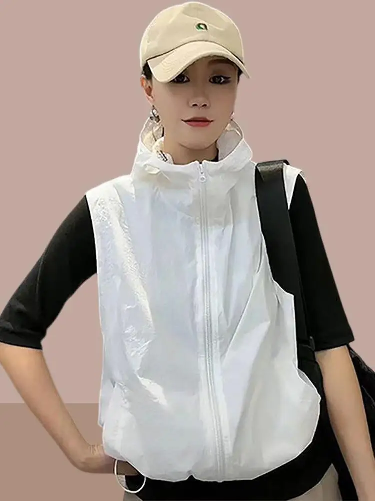 Zomer 2025, dames losse pasvorm, capuchon, zonwering, Jaet-vest, dun model, trendy woon-werkverkeer, ritssluiting, casual bovenkleding