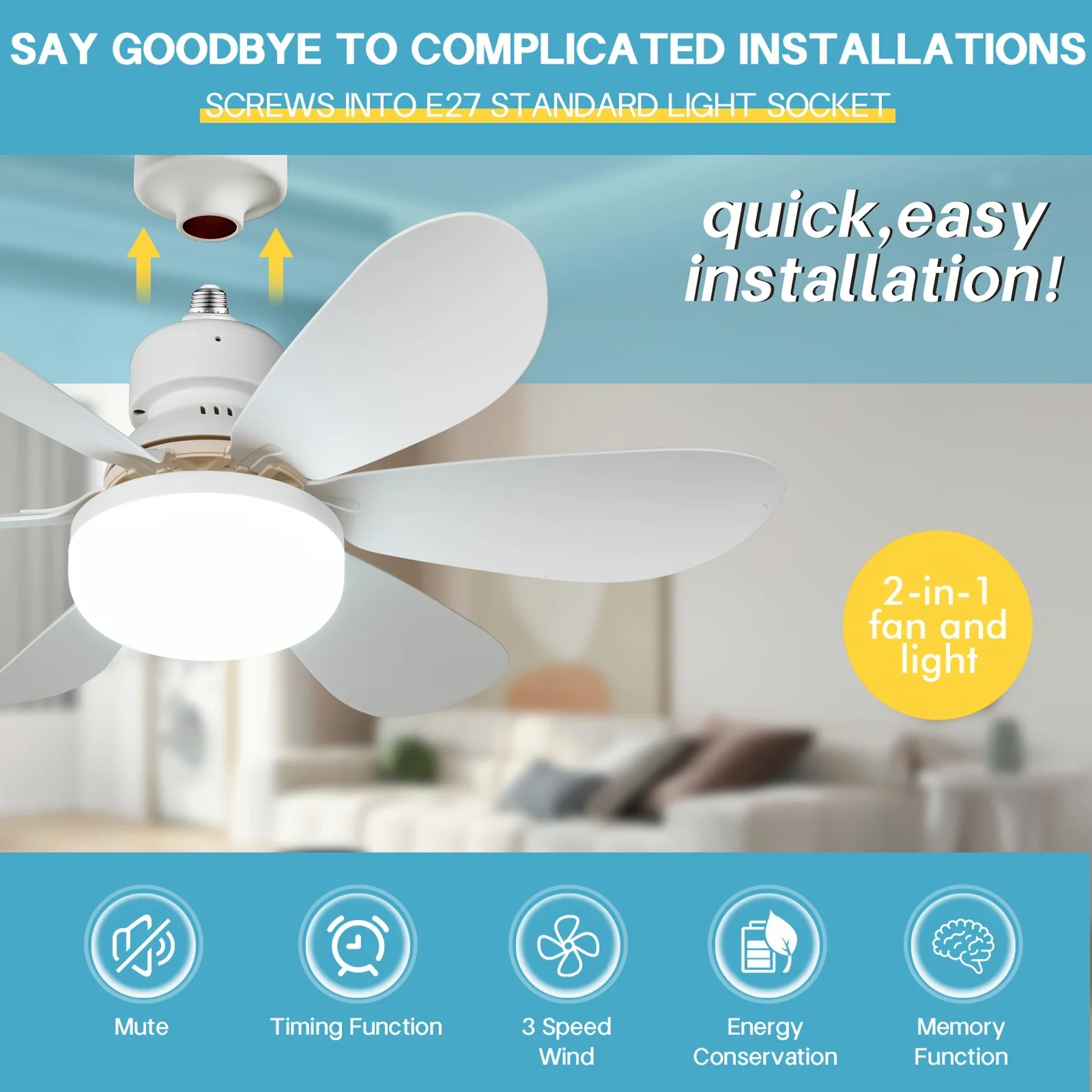 20.5-inch Ceiling Fan 30W 40W Remote Control Lighting Ceiling Fan Light E27 converter Base Smart Silent fan light Bedroom Living