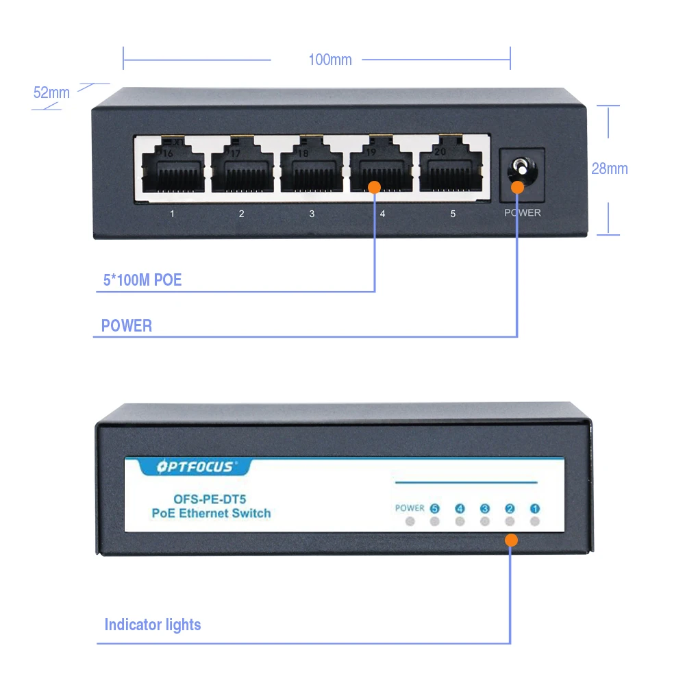 OPTFOCUS-interruptor Ethernet activo de 48V, conmutador de 100M, 1000Mbps, 802.3af, 802.3at, divisor de concentrador ethernet, derivación de alimentación Gigabit