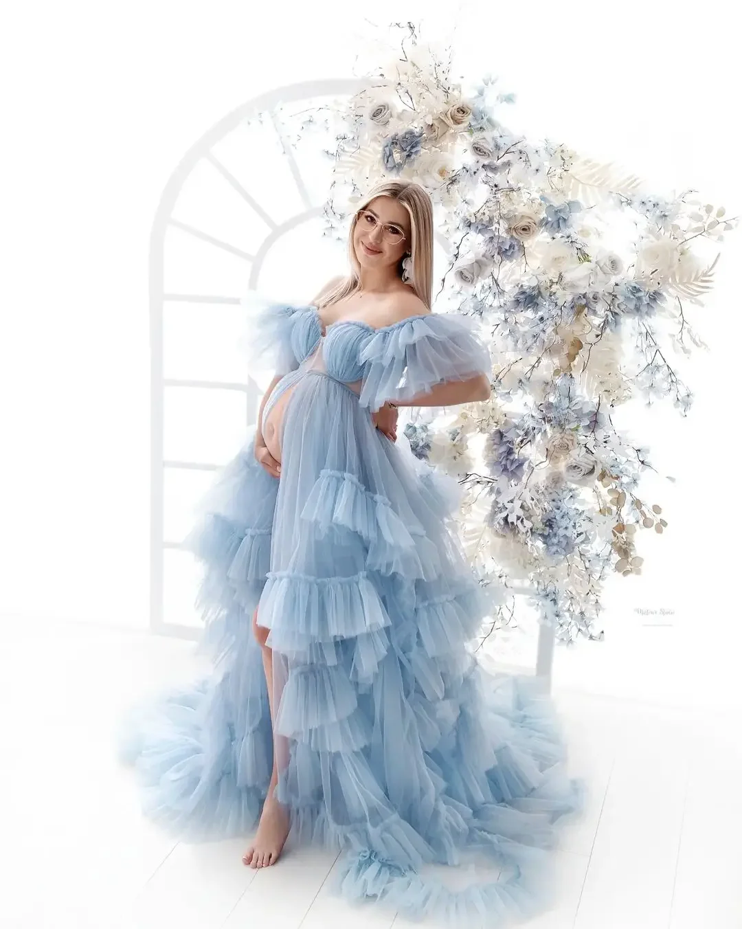 Elegant Blue Mesh Layered Pregnant Women Photoshoot Dress Elegant Maternity Photography Gowns Pregnancy Sheer Robe  customize