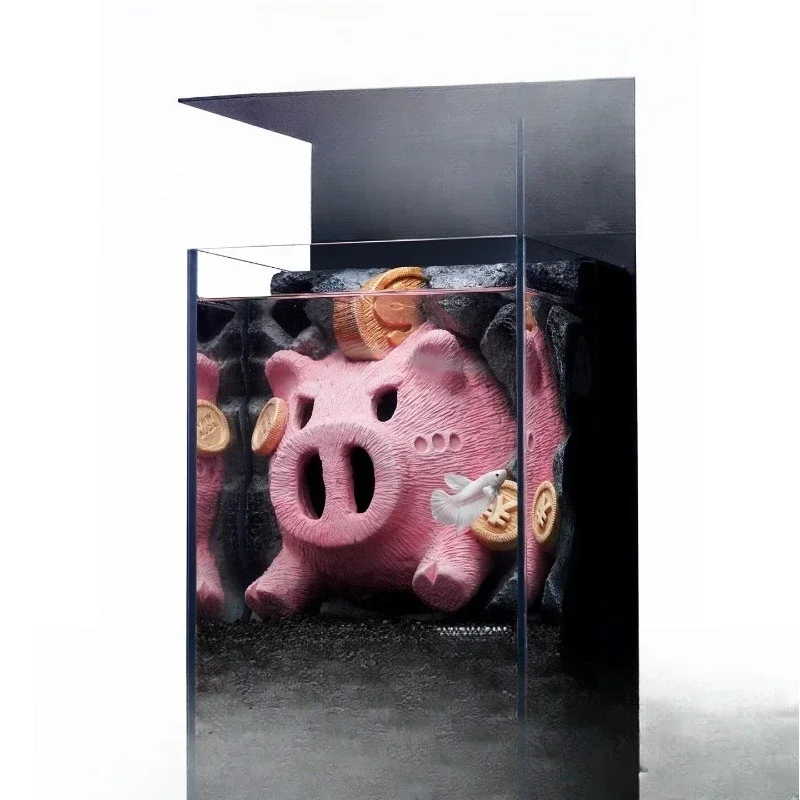 Lai Cai series piggy bank pig landscaping desktop decoration, ultra-white glass fish tank for micro-landscape betta