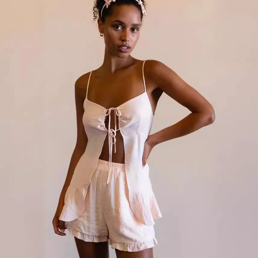 

Spring Summer 2024 New Independent Station Knot Strap Bal orts Set Women's Faion Set ort Sve Vintage Sle