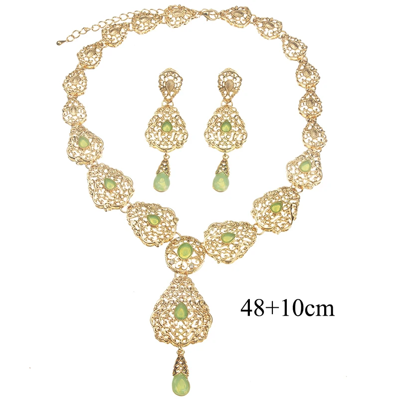 Herseygold Moroccan Trendy Neckace Set for Women Green Rhinestone Gold Plated  Zinc Alloy Bridal Jewelry Set Ethnic Wedding