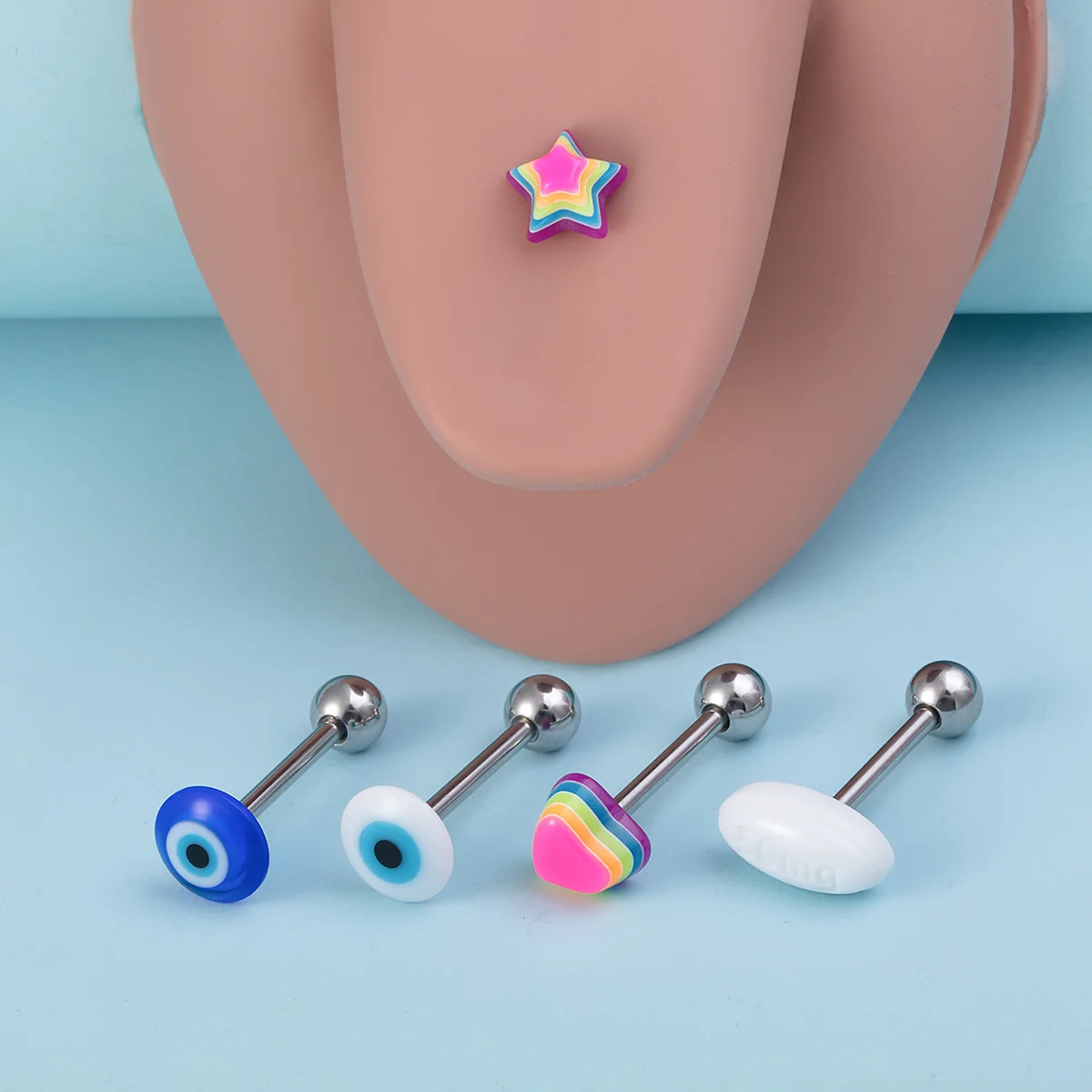 1/5pcs Acrylic Pill Tongue Rings Rainbow Heart Star Tongue Piercing Barbell Stainless Steel Body Jewelry 14G