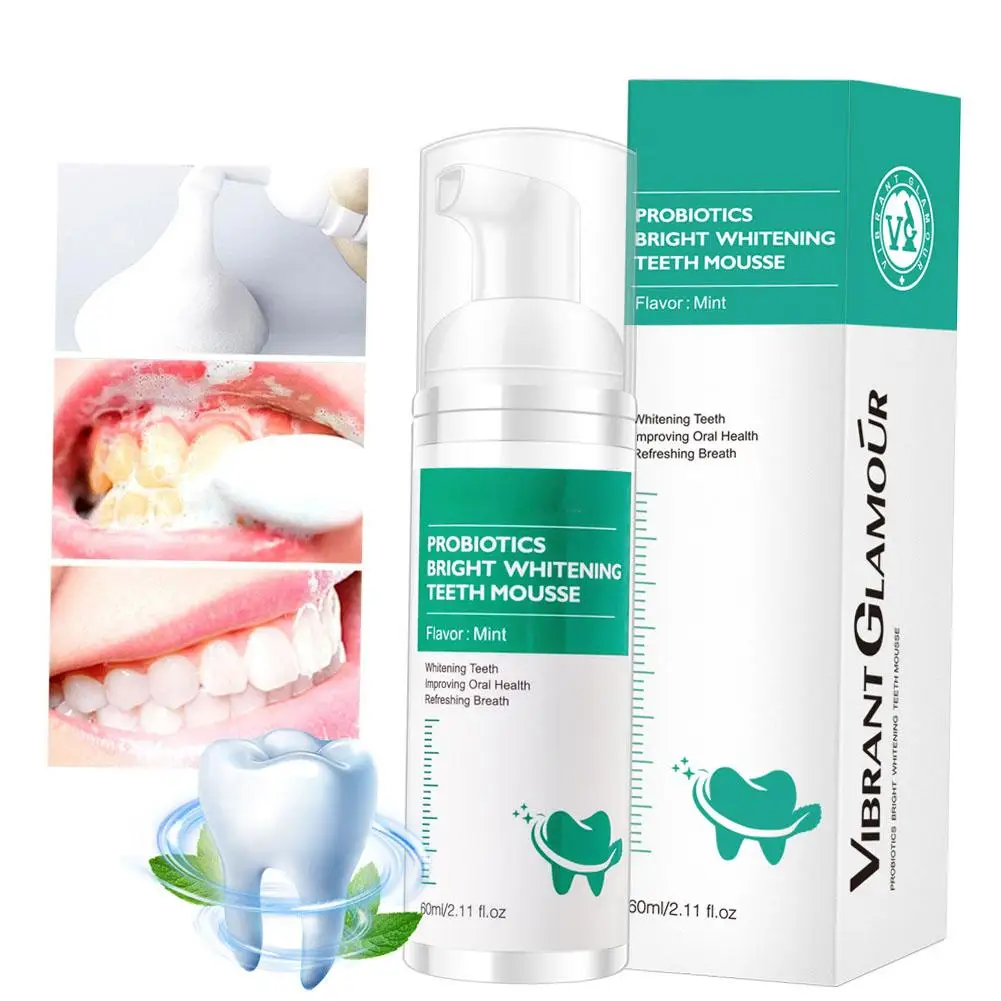 Dentes Whitening Toothpaste, Probióticos Mousse Care for Brightening Tooth, Reduzir Yellowing Oral Care, Y6T6, 60ml