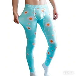 Men's Warm Thermal Underwear Winter/Autumn Comfy Long Pants Youth Cotton Breathable Thin Bottom Basic Flower Print Home Sleewear
